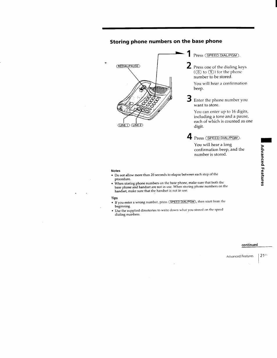 Storing phone numbers on the base phone | Sony SPP-M502 User Manual | Page 21 / 78