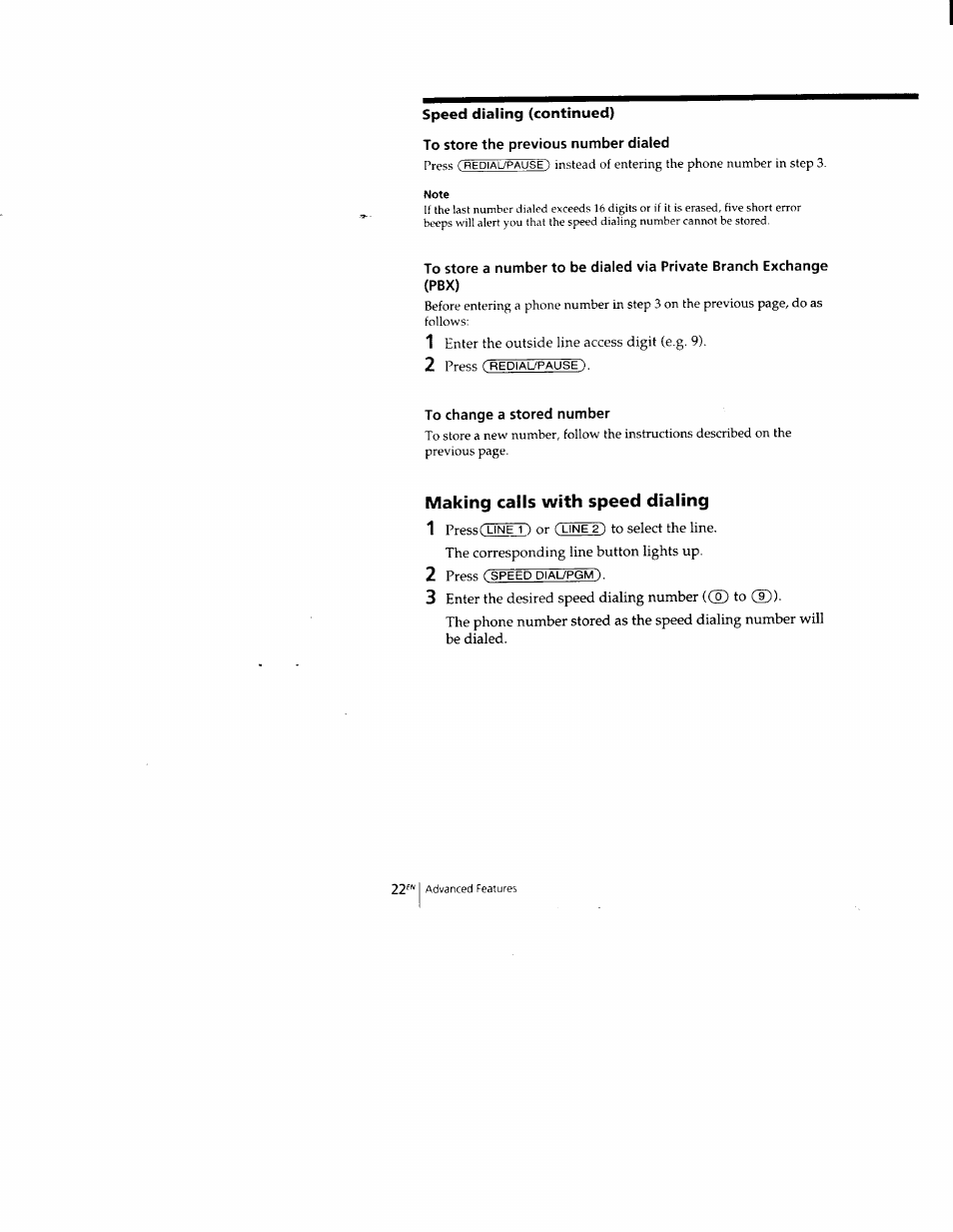 To store the previous number dialed, To change a stored number, Making calls with speed dialing | Sony SPP-M502 User Manual | Page 22 / 78