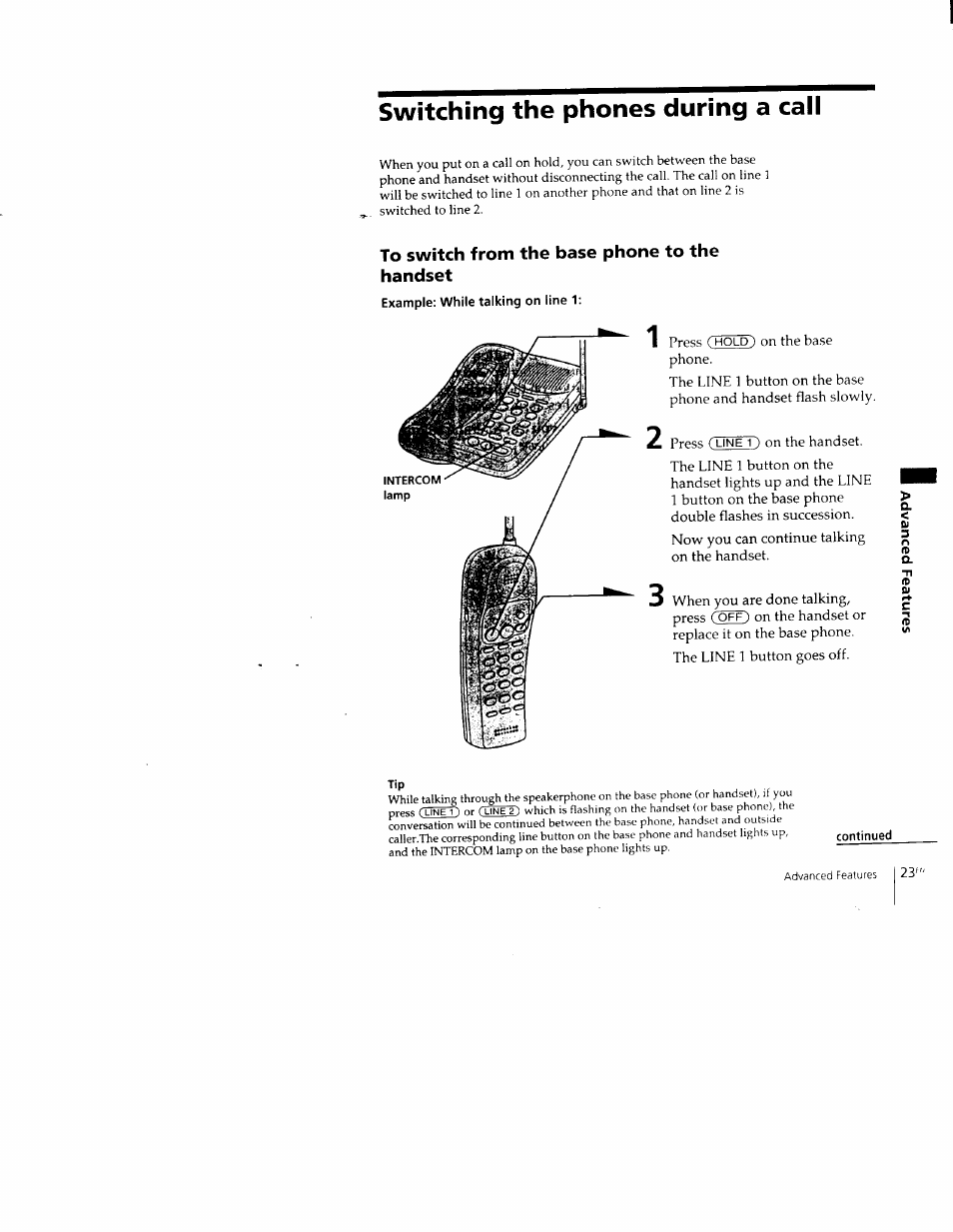 Switching the phones during a call, To switch from the base phone to the handset | Sony SPP-M502 User Manual | Page 23 / 78