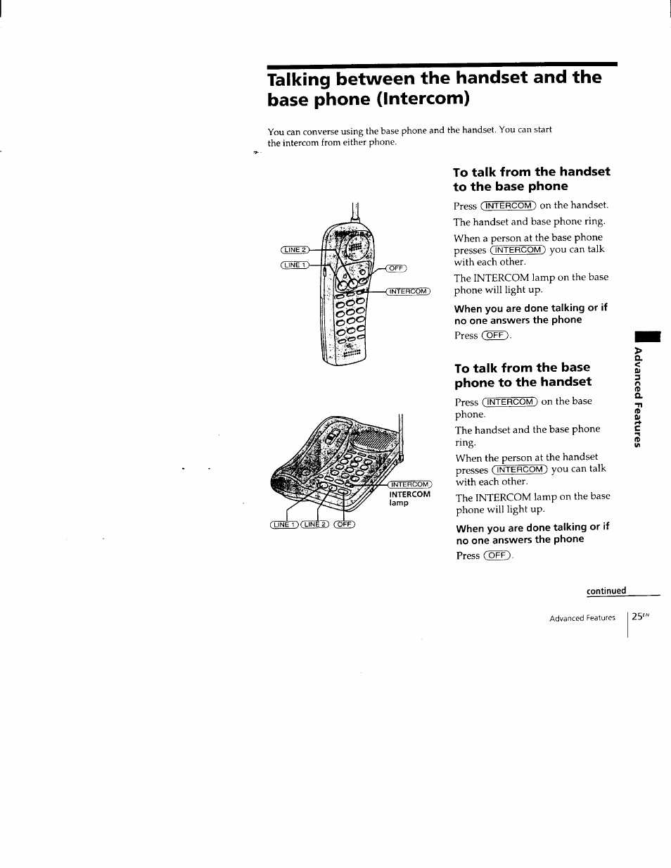 To talk from the handset to the base phone, To talk from the base phone to the handset | Sony SPP-M502 User Manual | Page 25 / 78