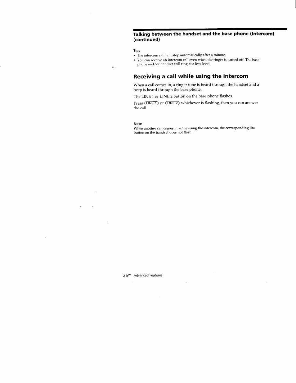 Tips, Receiving a call while using the intercom, Note | Sony SPP-M502 User Manual | Page 26 / 78