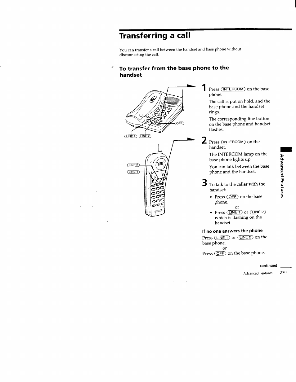 Transferring a call, To transfer from the base phone to the handset | Sony SPP-M502 User Manual | Page 27 / 78