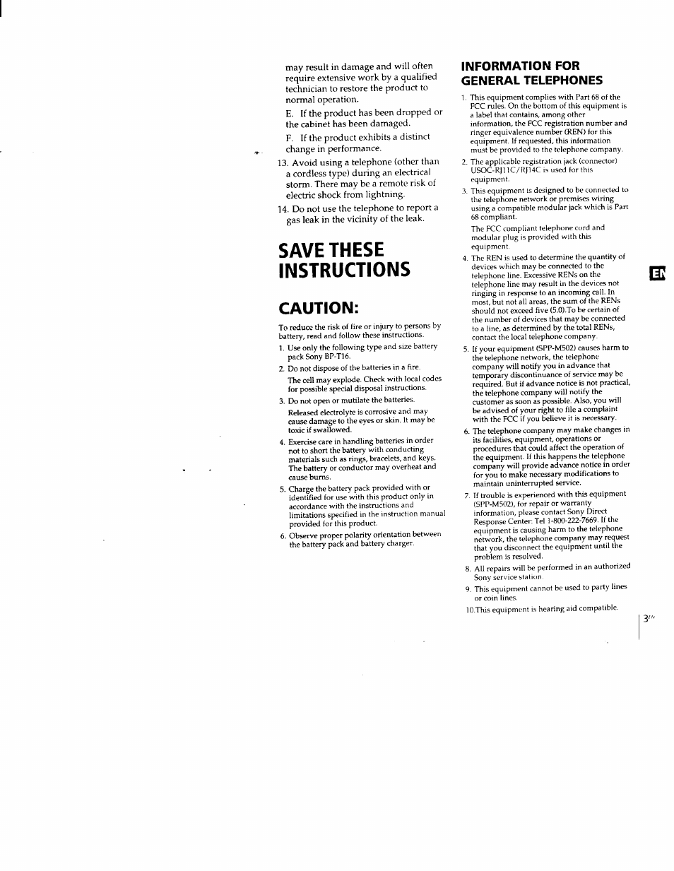 Information for general telephones, Save these instructions, Caution | Sony SPP-M502 User Manual | Page 3 / 78