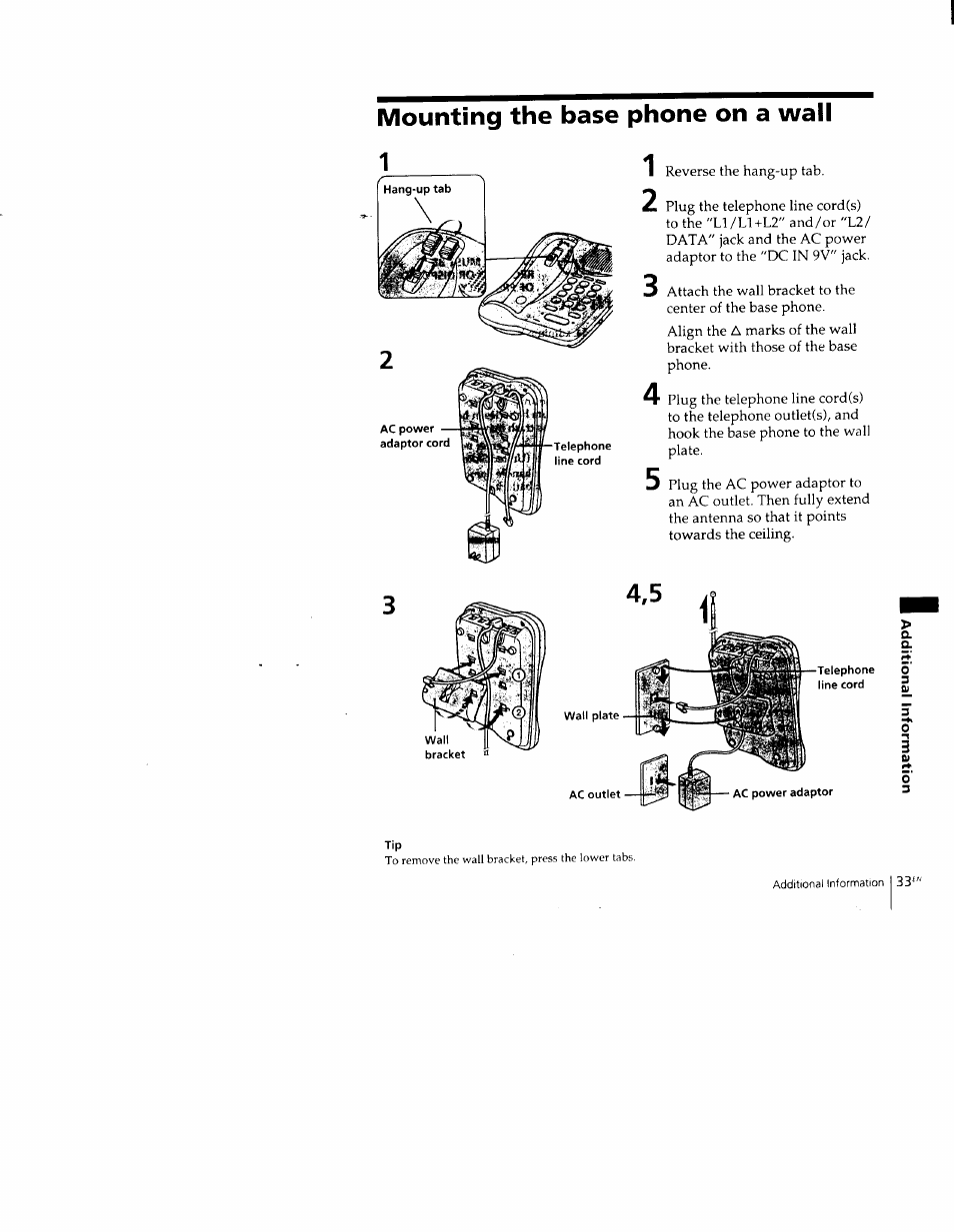 Mounting the base phone on a wall | Sony SPP-M502 User Manual | Page 33 / 78