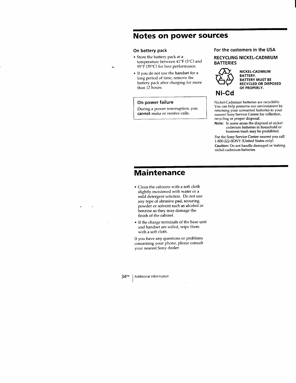 Notes on power sources, On battery pack, For the customers in the usa | Recycling nickel-cadmium batteries, Maintenance, Ni-cd | Sony SPP-M502 User Manual | Page 34 / 78