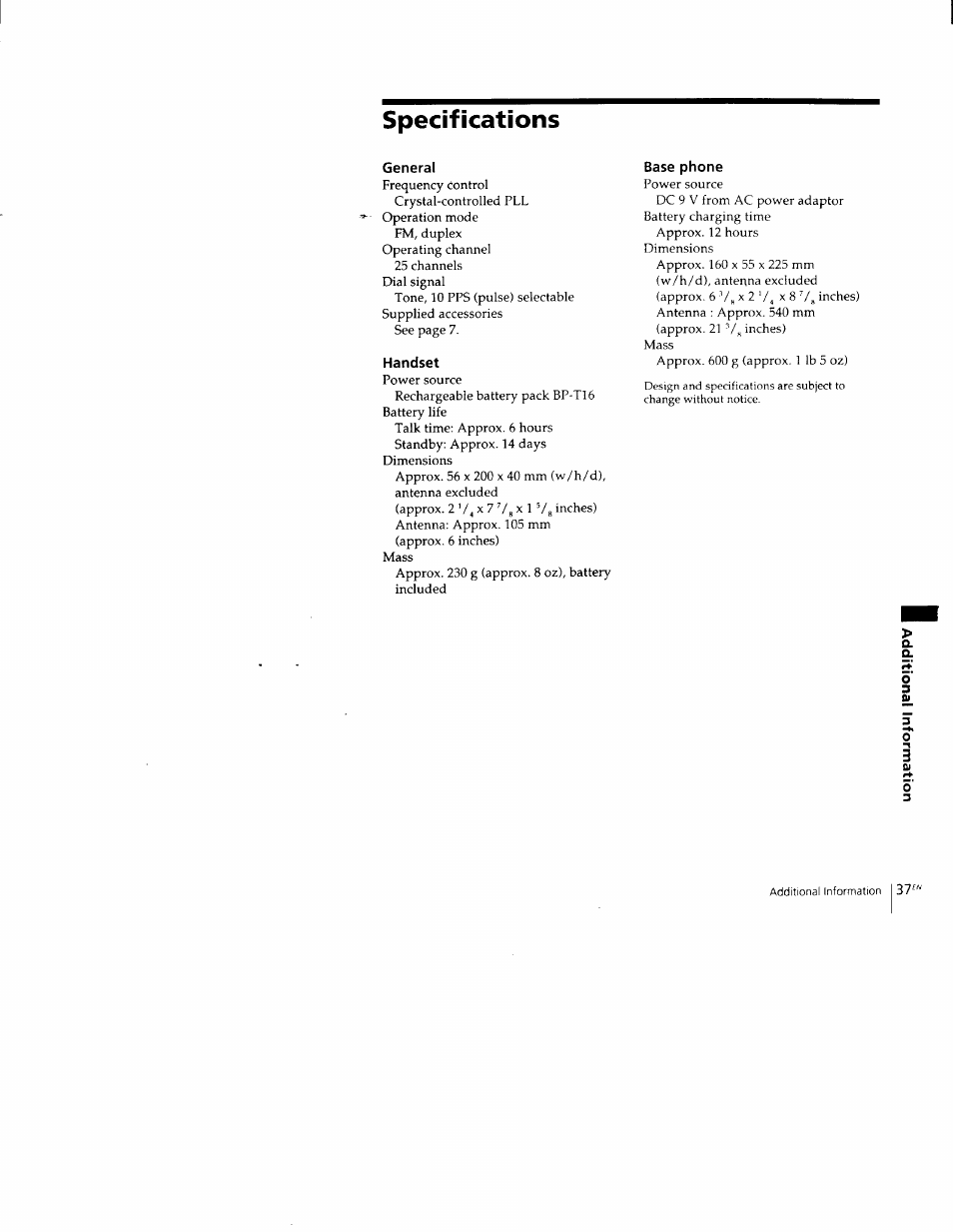 Specifications, General, Handset | Base phone | Sony SPP-M502 User Manual | Page 37 / 78