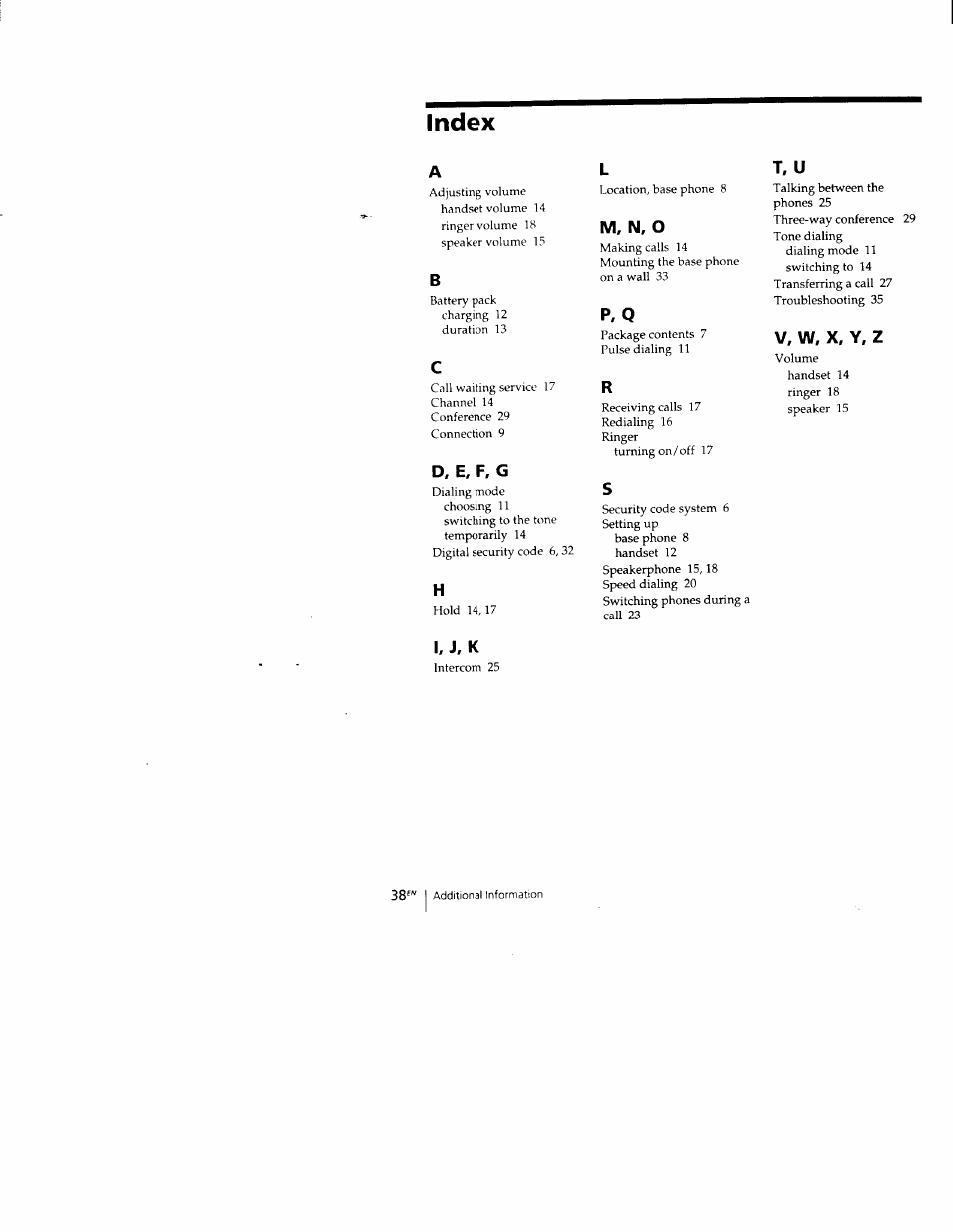 Index, D, e, f, g, I, j, k | M, n, o, P, q, T, u, V, w, x, y, z | Sony SPP-M502 User Manual | Page 38 / 78