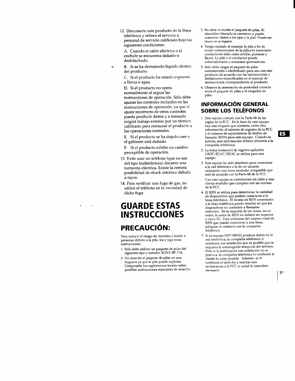 Información general sobre los teléfonos, Guarde estas instrucciones, Precaución | Sony SPP-M502 User Manual | Page 41 / 78