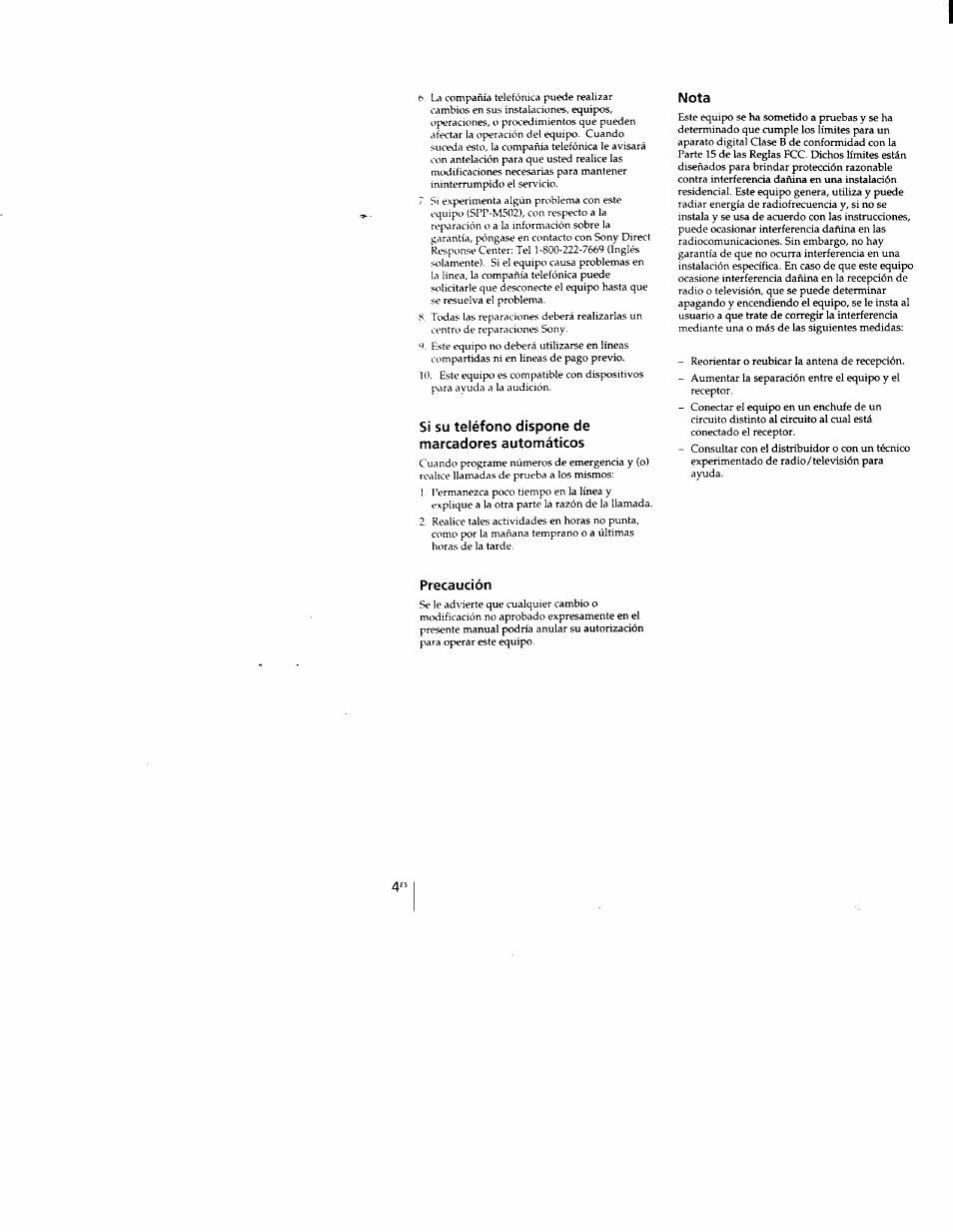 Si su teléfono dispone de marcadores automáticos, Nota, Precaución | Sony SPP-M502 User Manual | Page 42 / 78