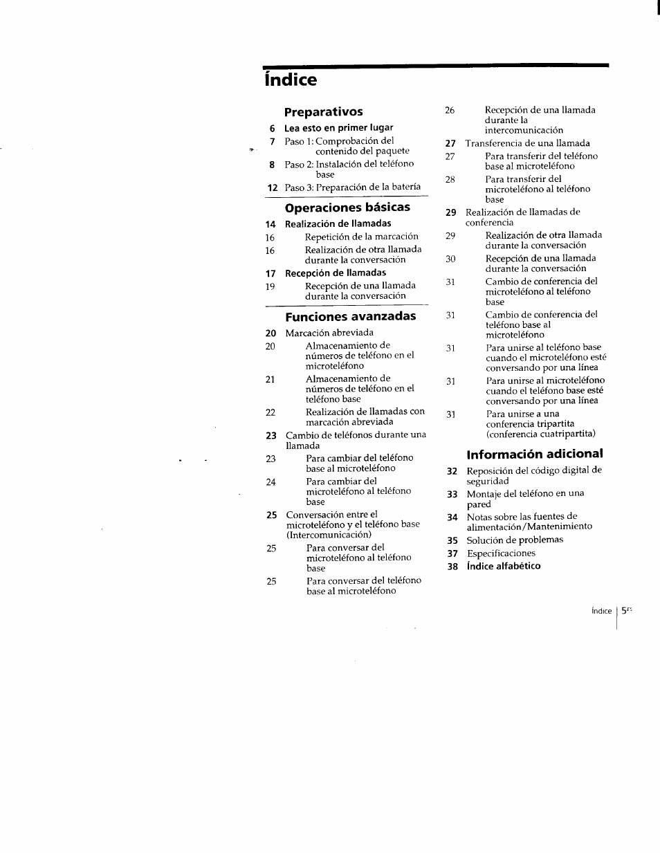 Indice, Preparativos, Operaciones básicas | Funciones avanzadas, Información adicional | Sony SPP-M502 User Manual | Page 43 / 78