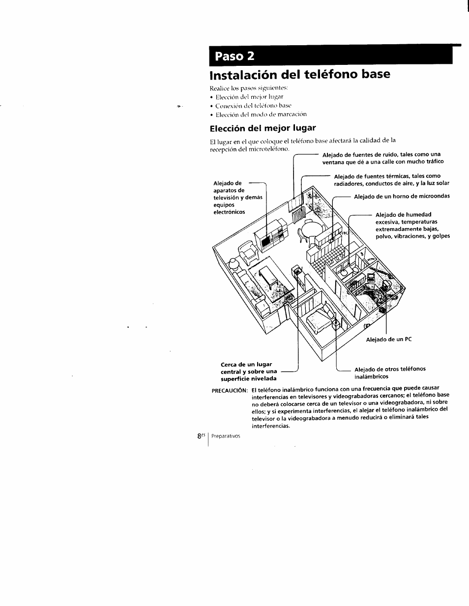 Instalación del teléfono base, Elección del mejor lugar, Paso 2 | Sony SPP-M502 User Manual | Page 46 / 78