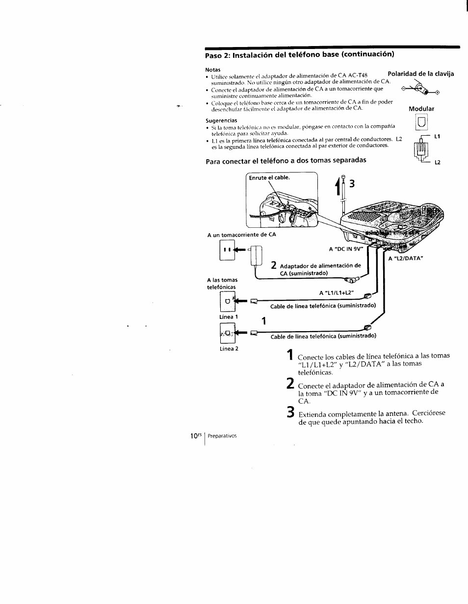 Notas, Sugerencias, Para conectar el teléfono a dos tomas separadas | A las tomas telefónicas, 2 adaptador de alimentación de ca (suministrado), A"l1/l1+l2, Línea 1, Cable de línea telefónica (suministrado), Linea 2 | Sony SPP-M502 User Manual | Page 48 / 78