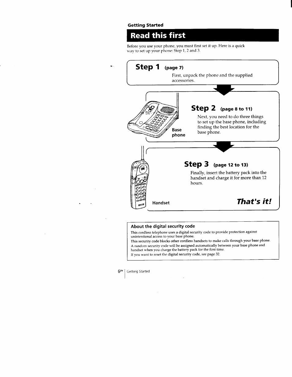 Getting started, Read this first, About the digital security code | Step 1, Step 2, Step 3, Thavs it | Sony SPP-M502 User Manual | Page 6 / 78