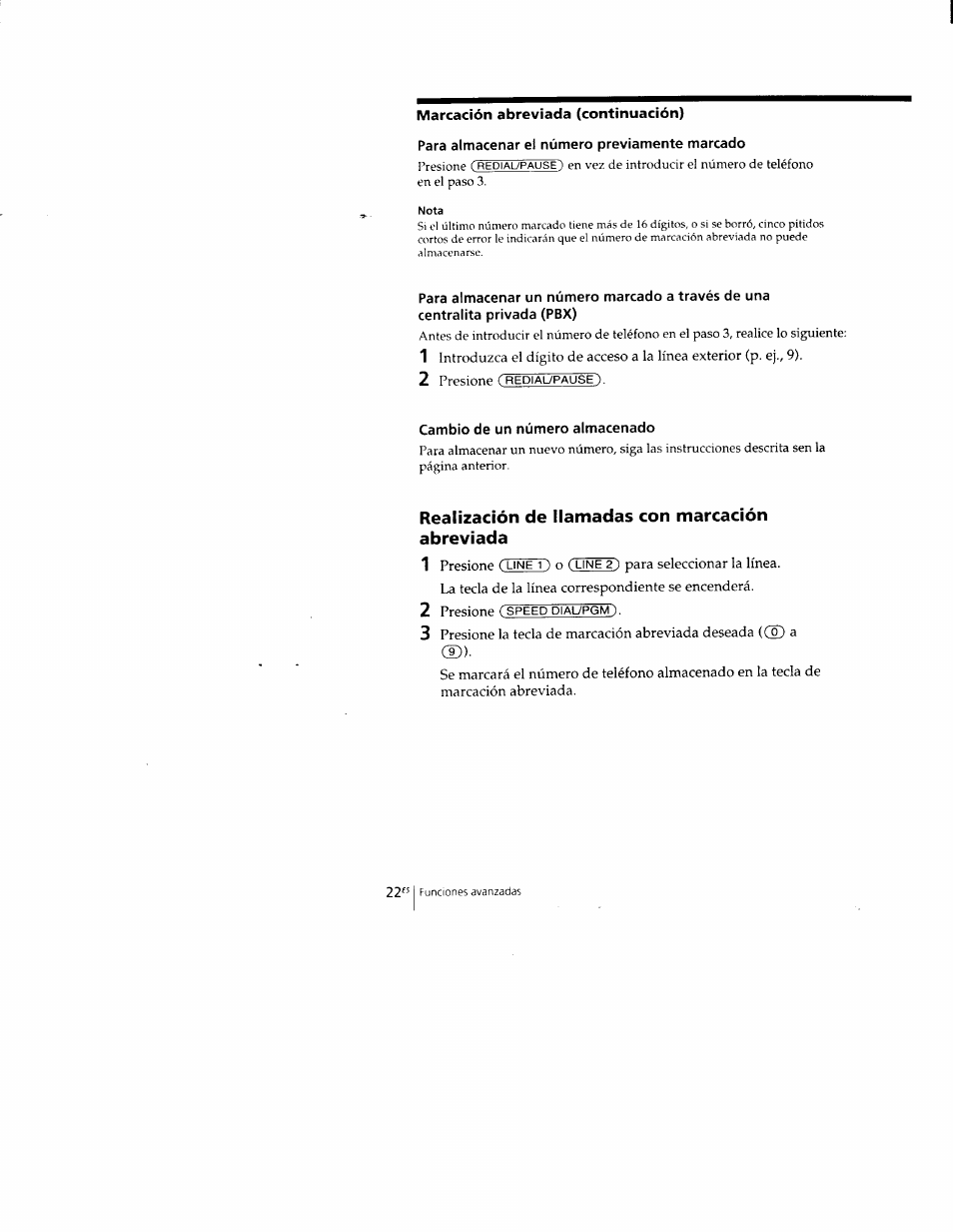 Para almacenar el número previamente marcado, Cambio de un número almacenado, Realización de llamadas con marcación abreviada | Sony SPP-M502 User Manual | Page 60 / 78