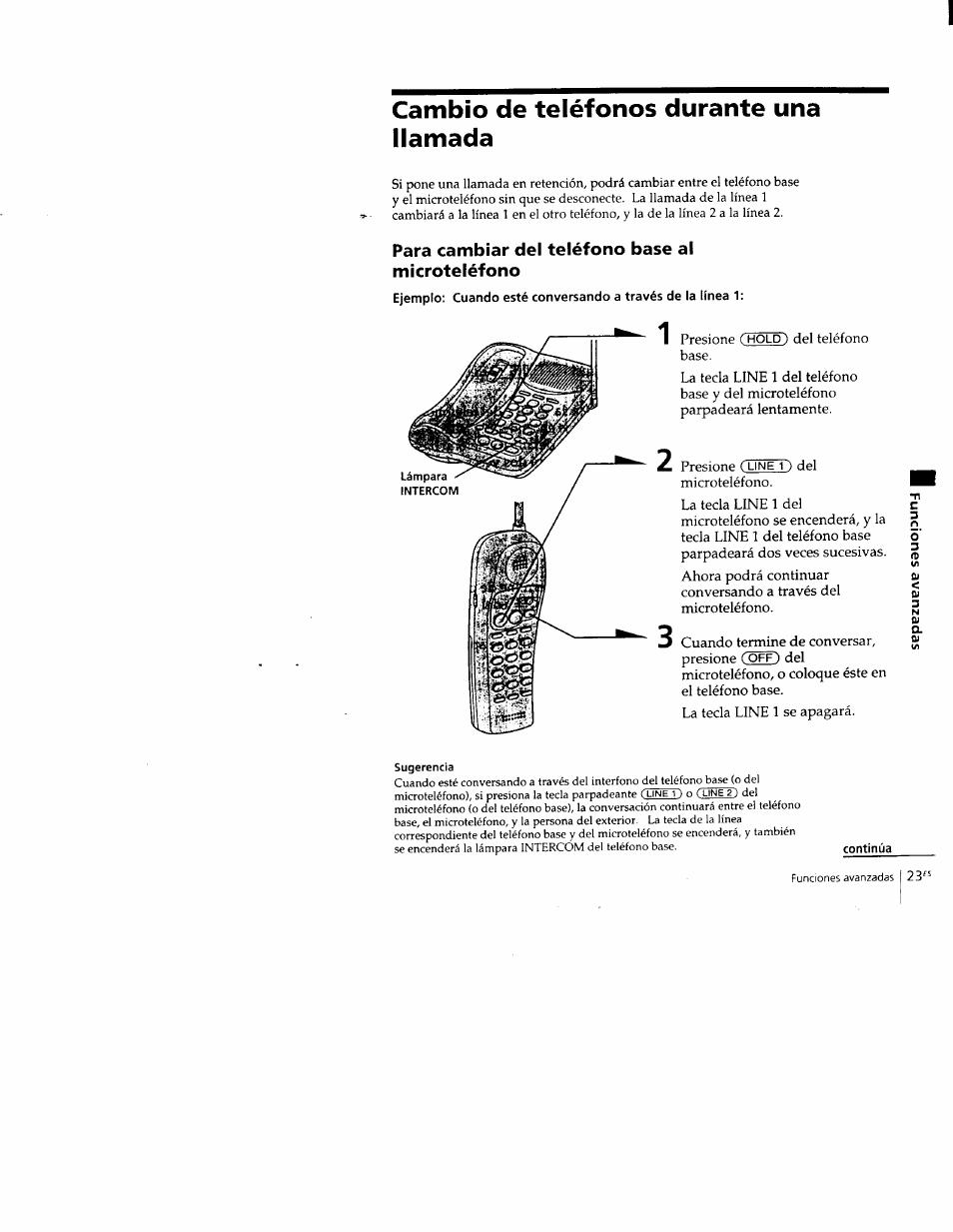 Cambio de teléfonos durante una llamada, Para cambiar del teléfono base al microteléfono | Sony SPP-M502 User Manual | Page 61 / 78