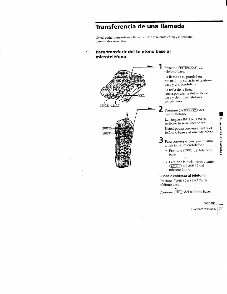 Transferencia de una llamada, Para transferir del teléfono base al microteléfono, Si nadie contesta al teléfono | Sony SPP-M502 User Manual | Page 65 / 78