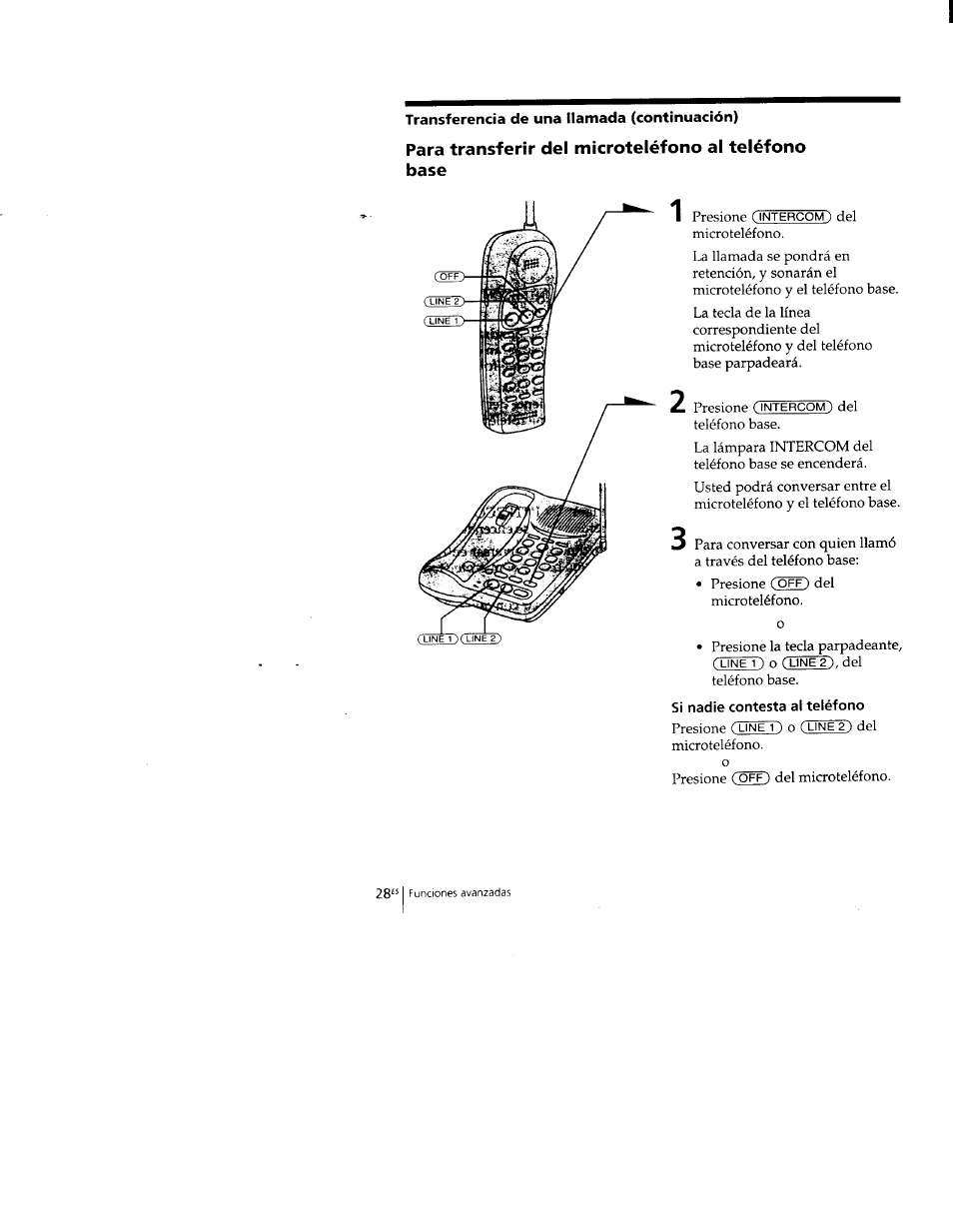 Para transferir del microteléfono al teléfono base, Si nadie contesta al teléfono | Sony SPP-M502 User Manual | Page 66 / 78