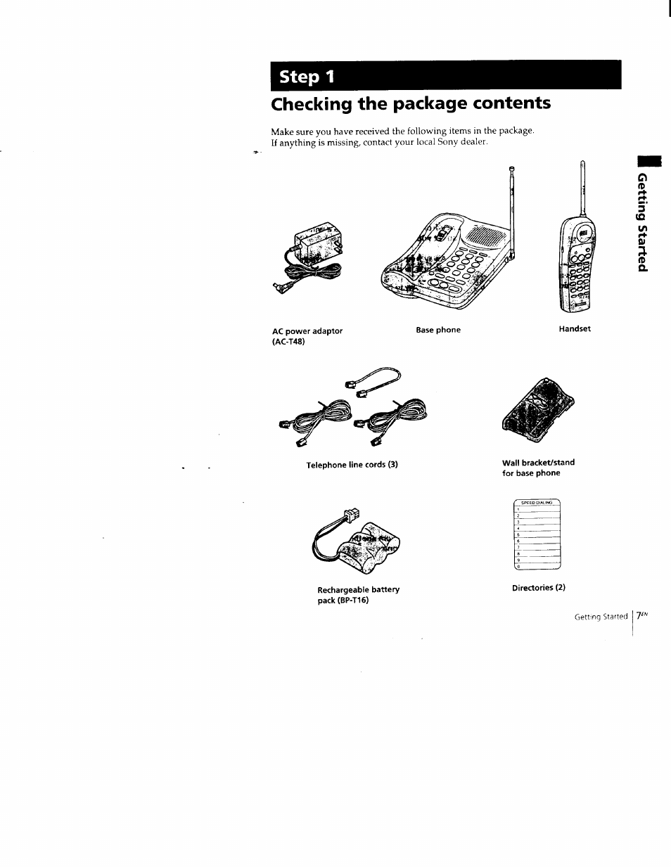 Checking the package contents, Step 1 | Sony SPP-M502 User Manual | Page 7 / 78