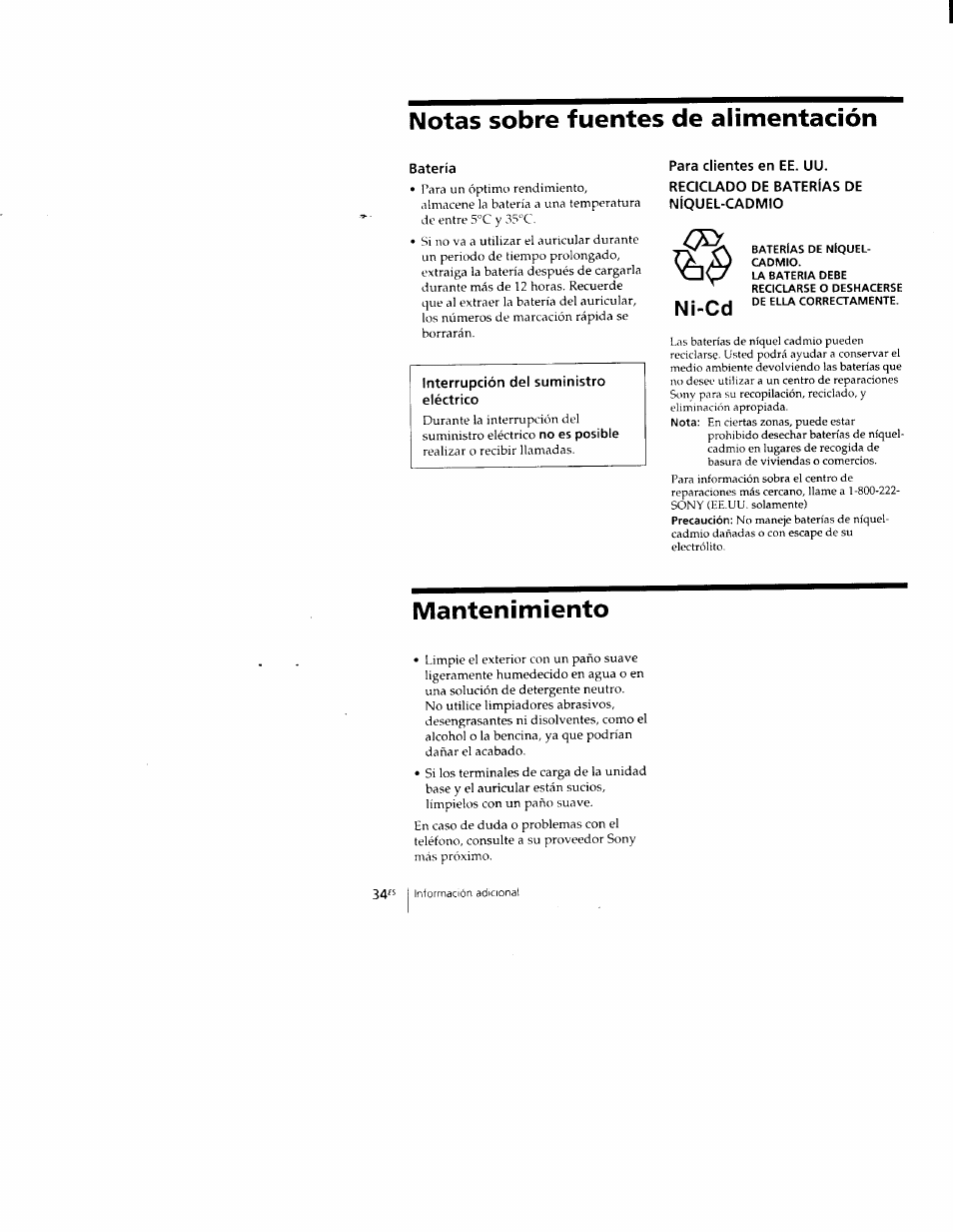 Notas sobre fuentes de alimentación, Batería, Baterias de níquel- cadmio | Mantenimiento, Ni-cd | Sony SPP-M502 User Manual | Page 72 / 78