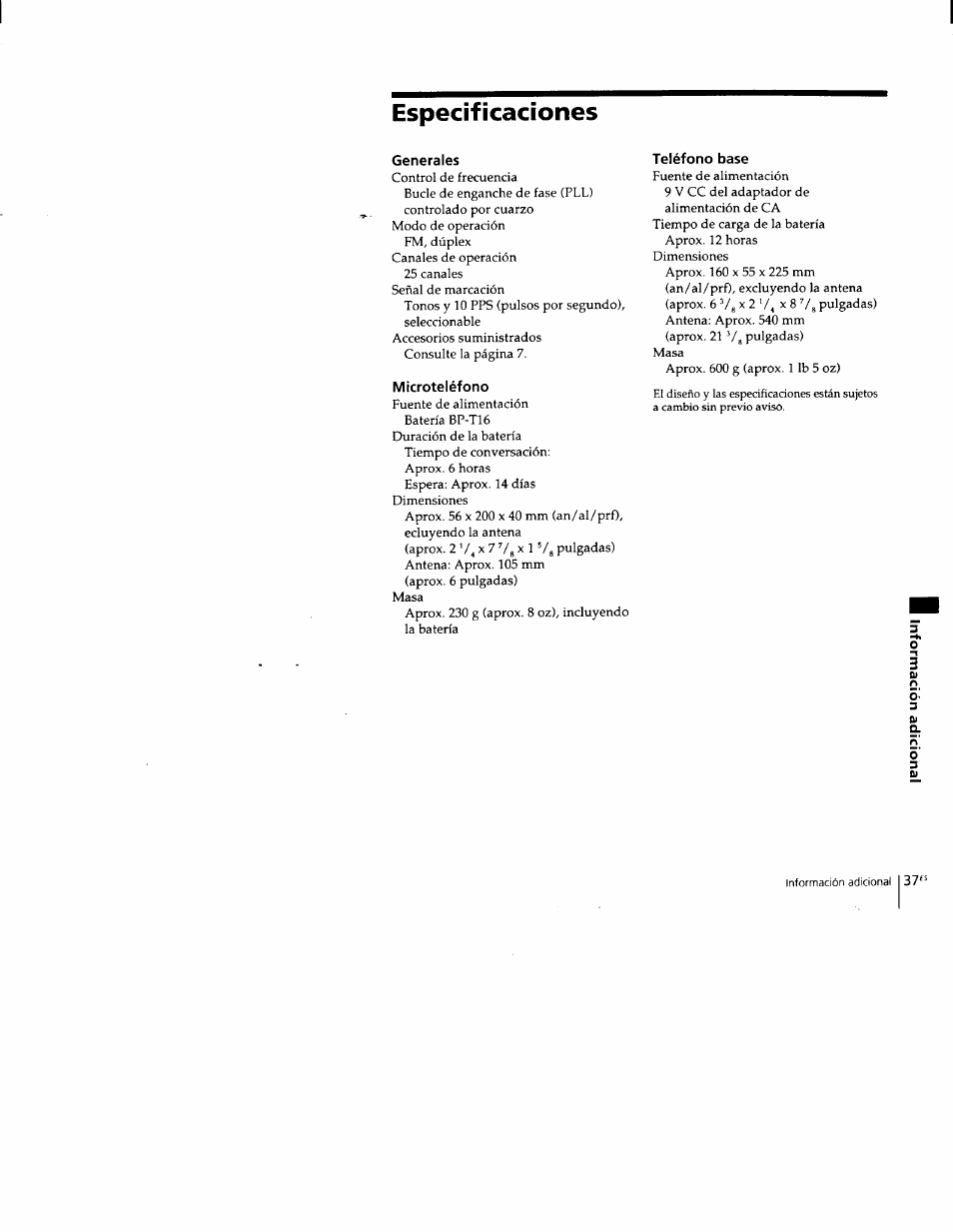 Especificaciones, Generales, Microteléfono | Teléfono base | Sony SPP-M502 User Manual | Page 75 / 78