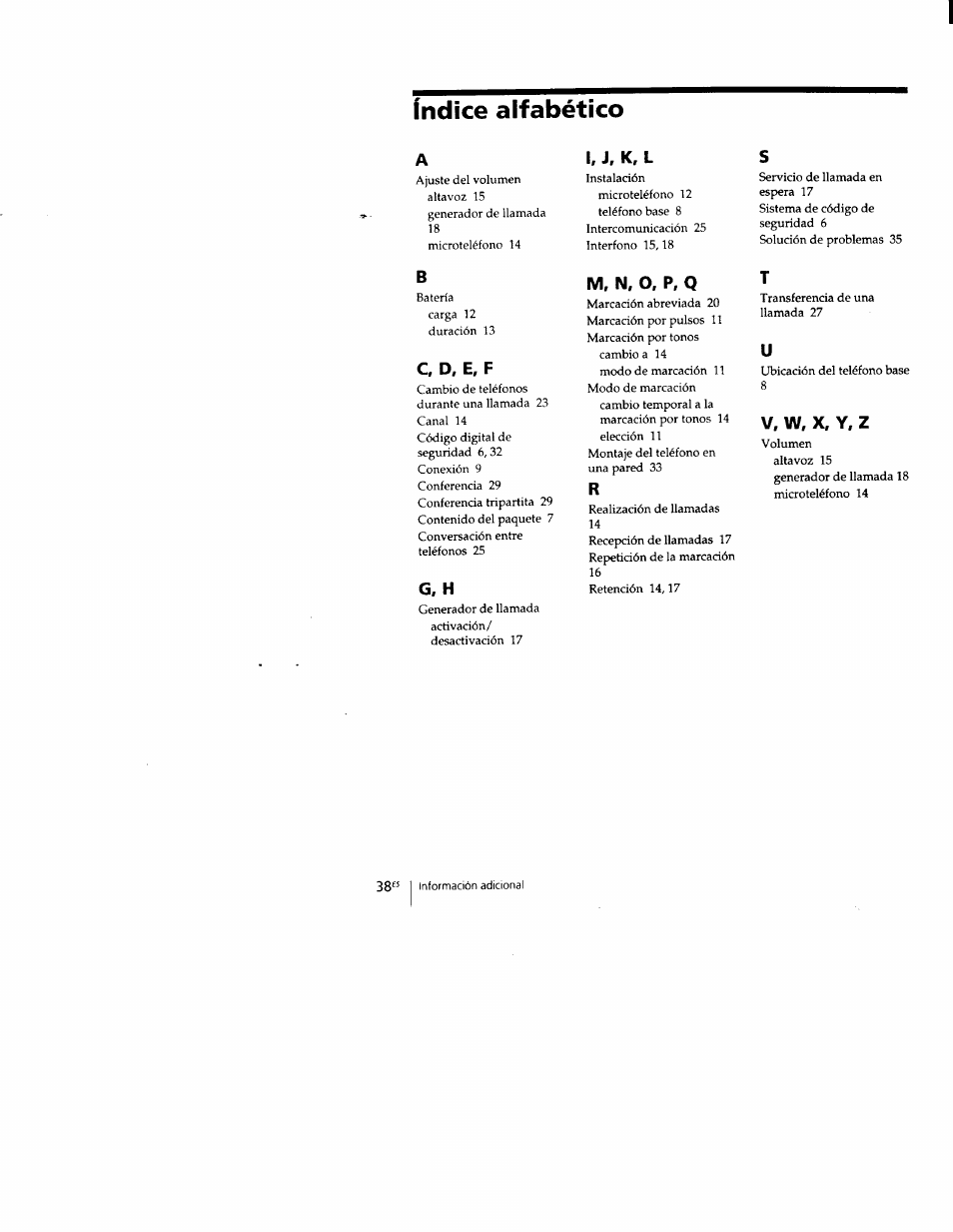 Índice alfabético, C, d, e, f, G, h | I, j, k, l, M, n, o, p, q, V, w, x, y. z | Sony SPP-M502 User Manual | Page 76 / 78