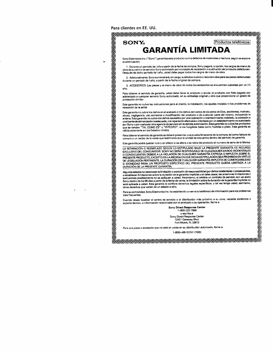 Para clientes en ее. uu, Garantía limitada, Sony | Sony SPP-M502 User Manual | Page 77 / 78