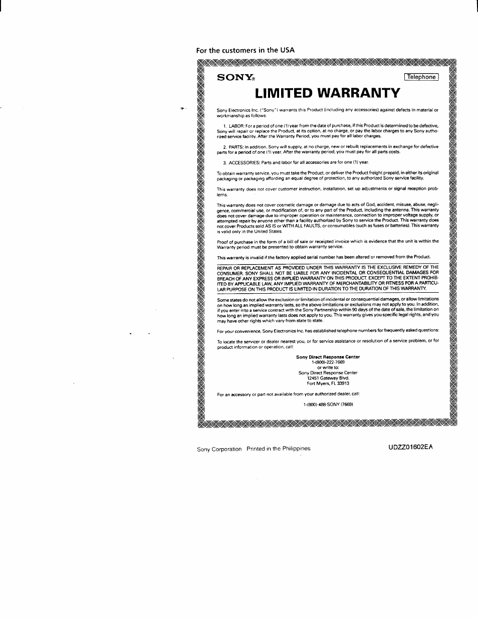 For the customers in the usa, Limited warranty, Sony® i telephonel | Sony SPP-M502 User Manual | Page 78 / 78