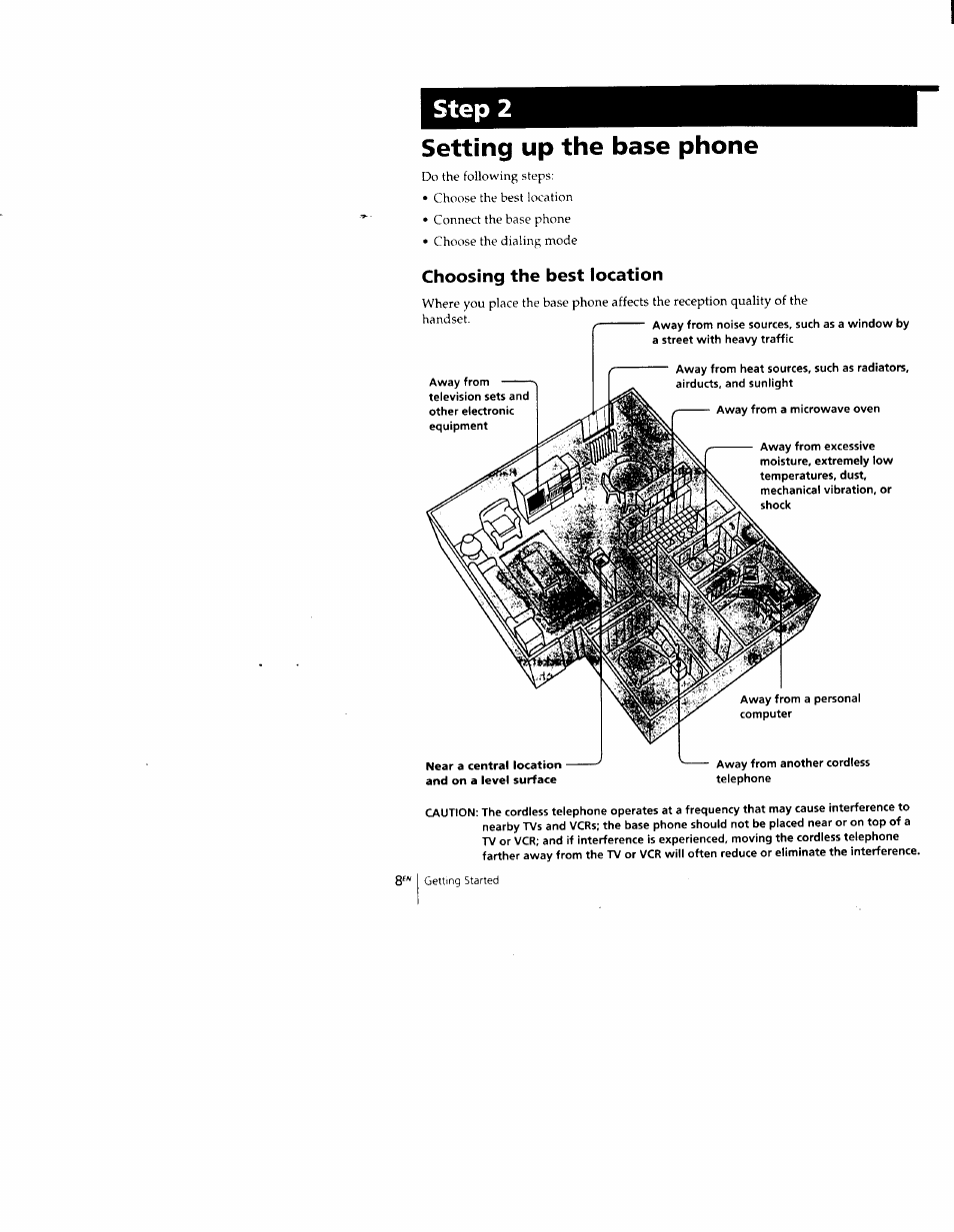 Setting up the base phone, Choosing the best location, Step 2 | Sony SPP-M502 User Manual | Page 8 / 78