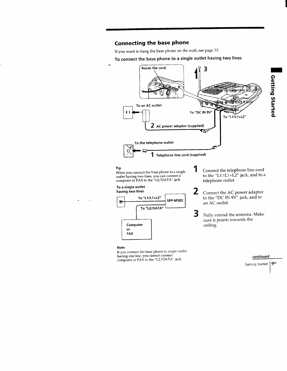 Connecting the base phone, 2 ac power adaptor (supplied), To the telephone outlet | 1 telephone line cord (supplied), L! 3 | Sony SPP-M502 User Manual | Page 9 / 78