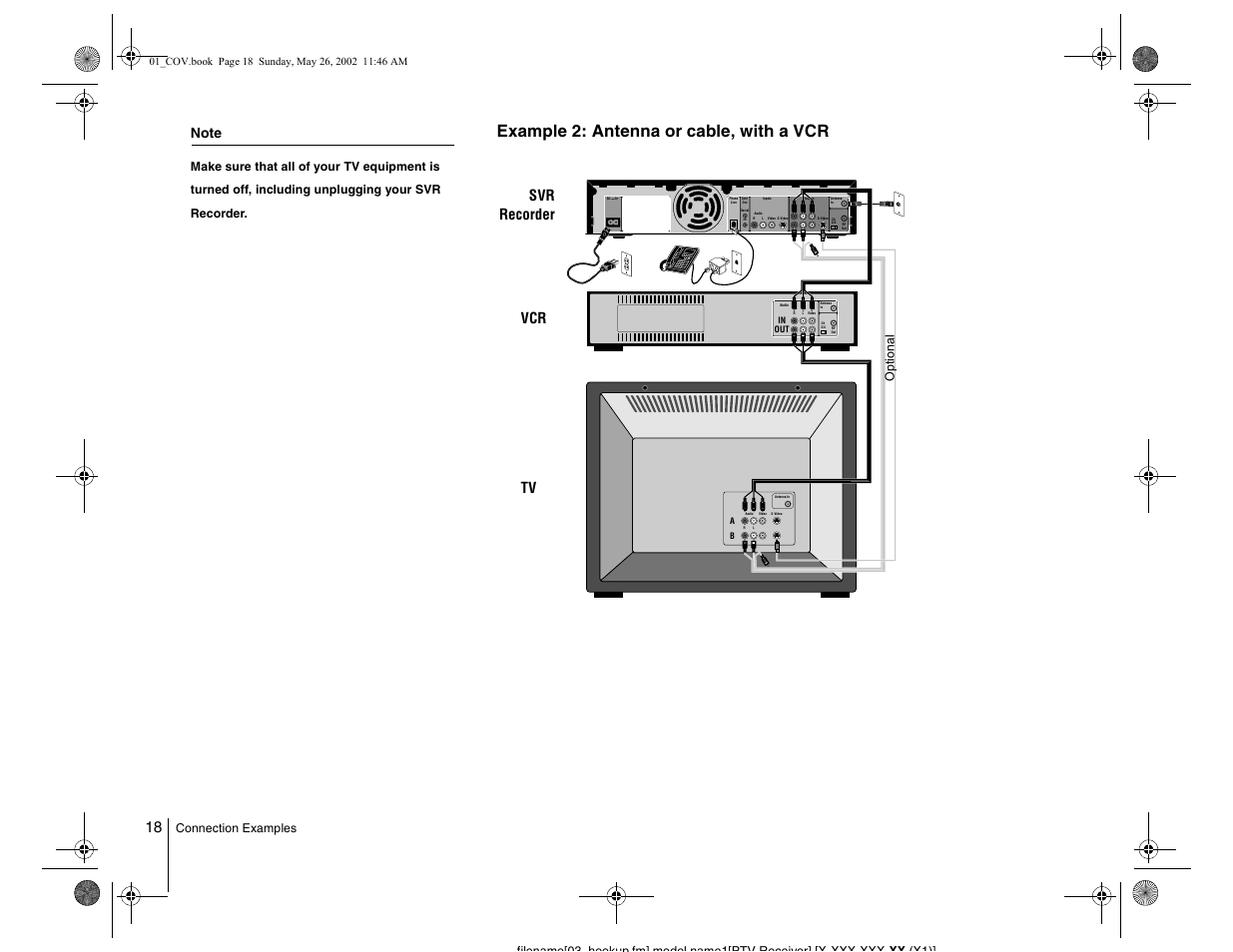 Example 2: antenna or cable, with a vcr, Vcr svr recorder tv, Optional | Sony SVR-2000 User Manual | Page 18 / 68