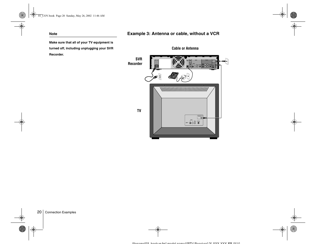 Example 3: antenna or cable, without a vcr, Svr recorder cable or antenna tv | Sony SVR-2000 User Manual | Page 20 / 68