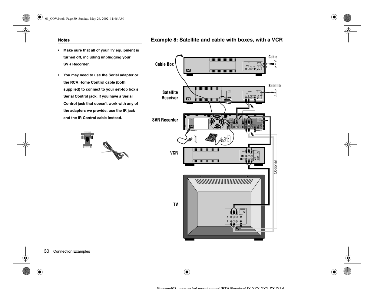 Vcr svr recorder satellite receiver tv, Cable box, Optional | Satellite cable | Sony SVR-2000 User Manual | Page 30 / 68