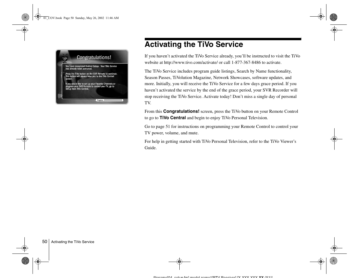 Activating the tivo service | Sony SVR-2000 User Manual | Page 50 / 68