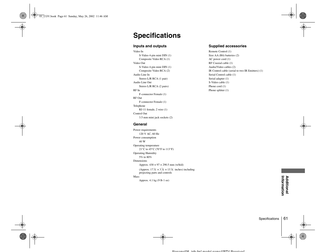 Specifications | Sony SVR-2000 User Manual | Page 61 / 68