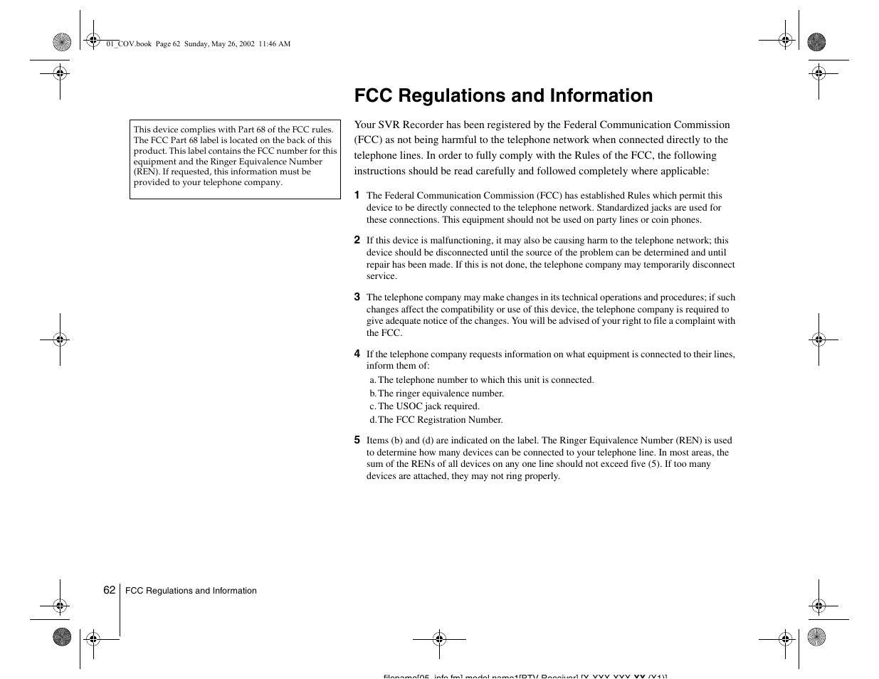 Fcc regulations and information | Sony SVR-2000 User Manual | Page 62 / 68