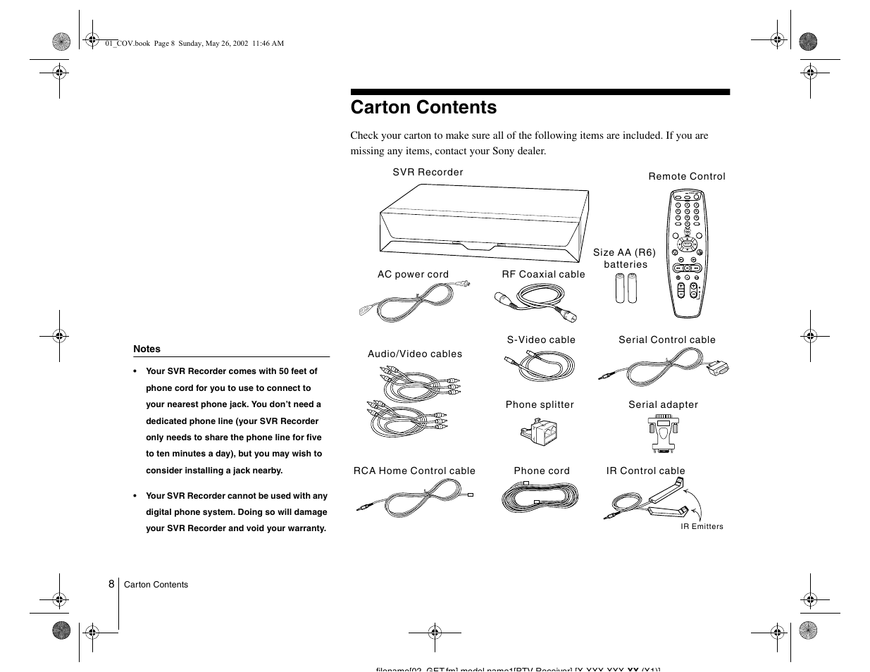 Carton contents, Power, Select | Sony SVR-2000 User Manual | Page 8 / 68