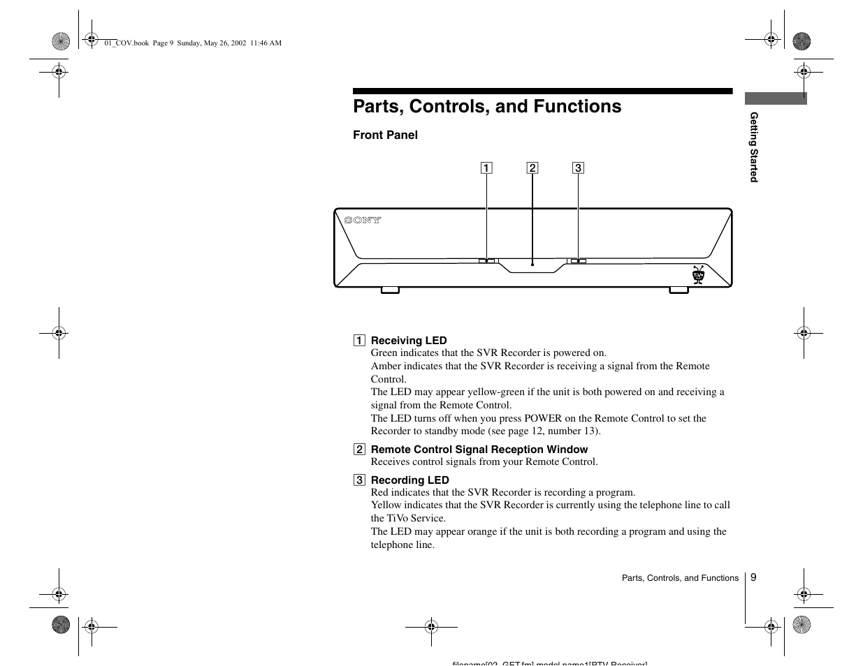 Parts, controls, and functions | Sony SVR-2000 User Manual | Page 9 / 68