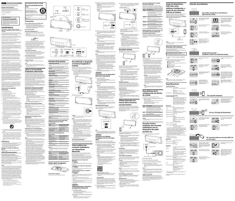 Función de las piezas, Cómo abrir el soporte, Advertencia | Qué es la tecnología inalámbrica bluetooth, Escuchar música, Desecho del sistema, Especificaciones, Solución de problemas | Sony SRS-BTX500 User Manual | Page 2 / 2