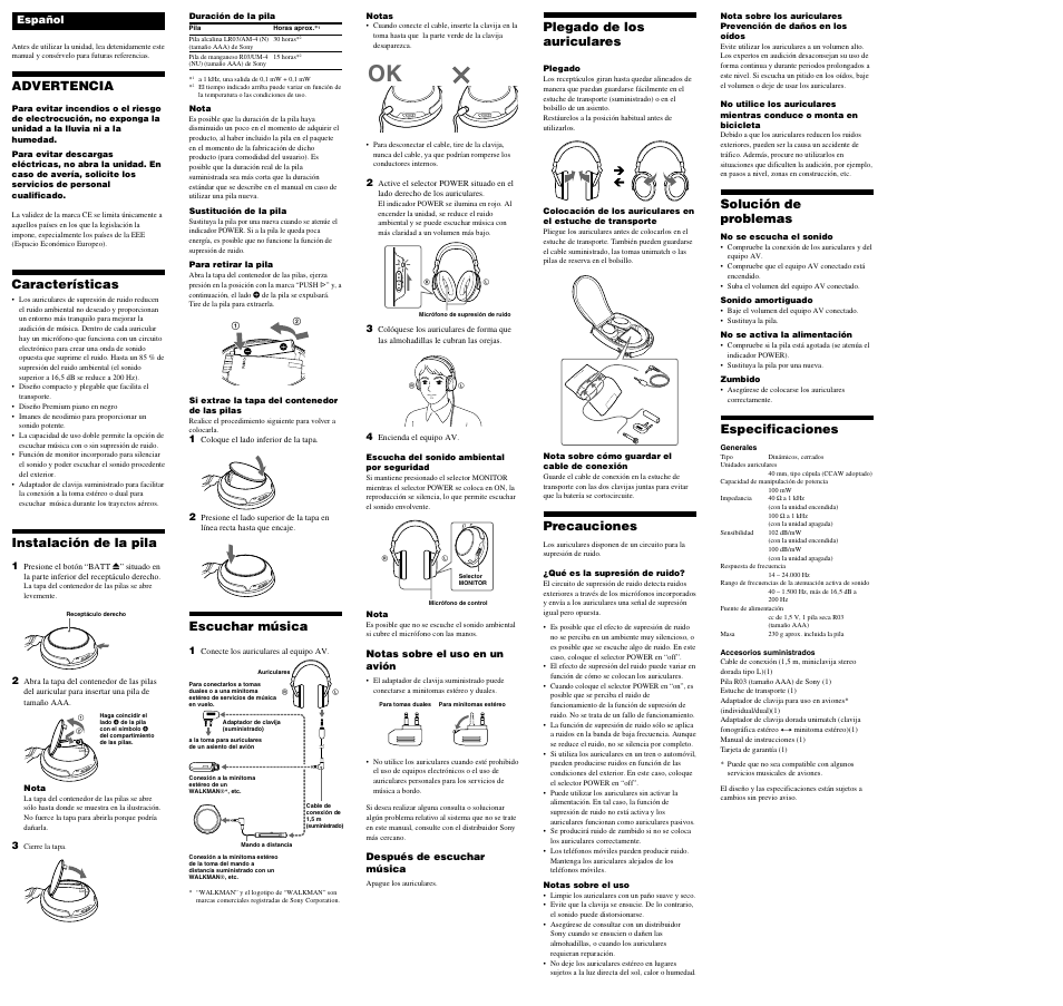 Advertencia, Características, Instalación de la pila | Escuchar música, Plegado de los auriculares, Precauciones, Solución de problemas, Especificaciones | Sony MDR-NC60 User Manual | Page 2 / 2