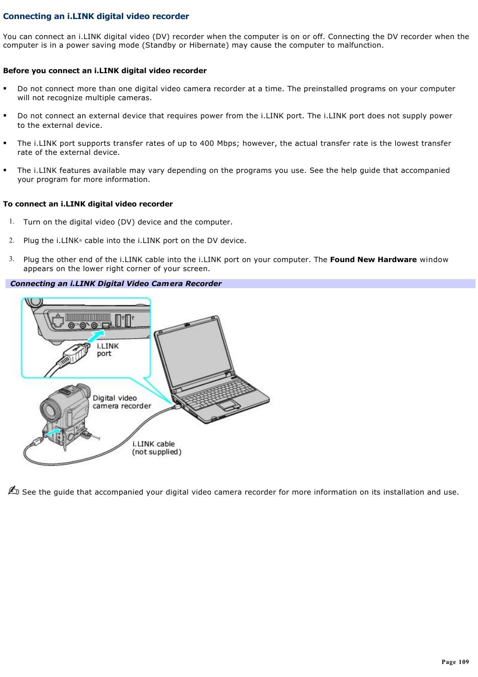 Connecting an i.link digital video recorder | Sony PCG-K17 User Manual | Page 109 / 145