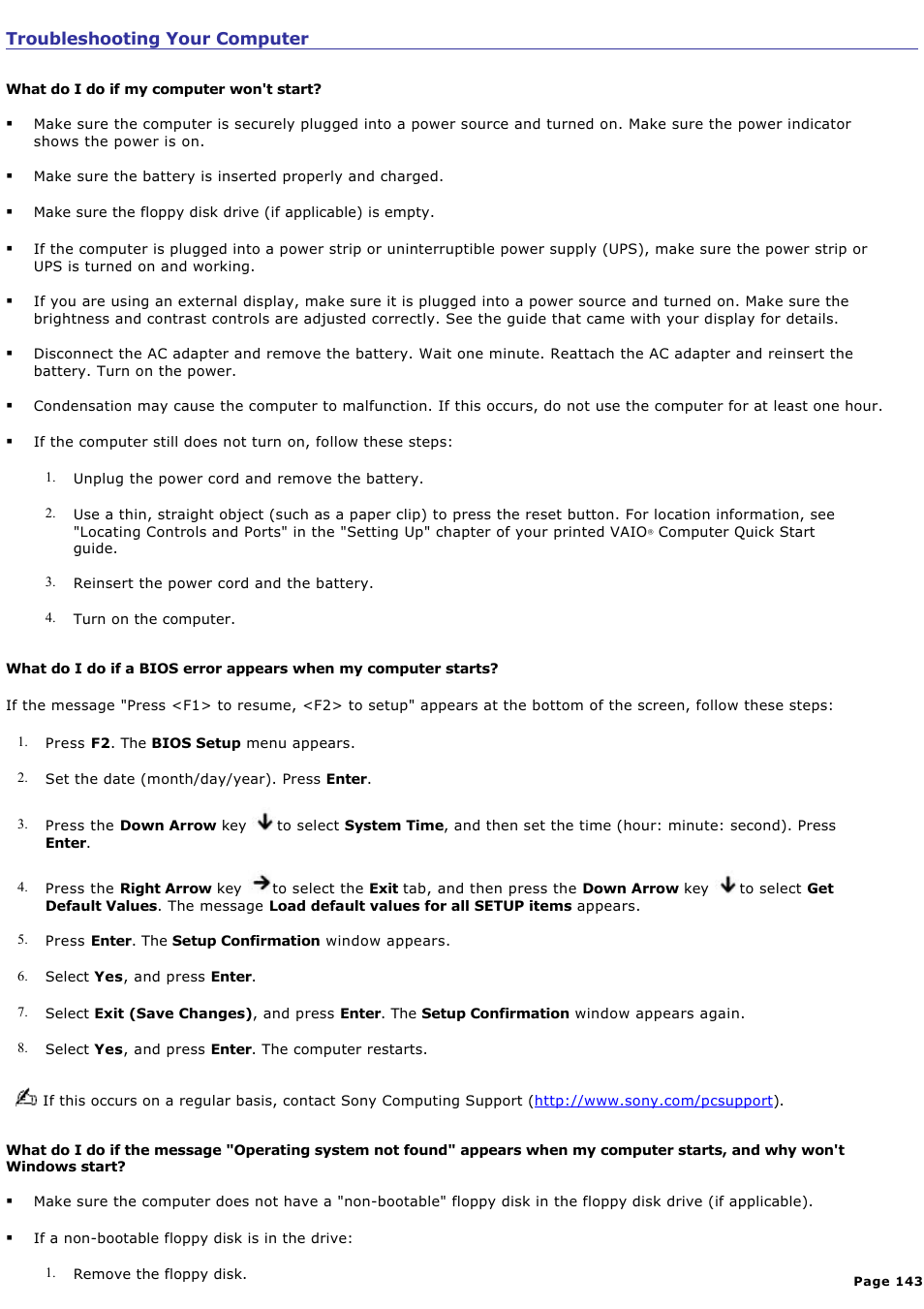 Troubleshooting your computer | Sony PCG-K17 User Manual | Page 143 / 145