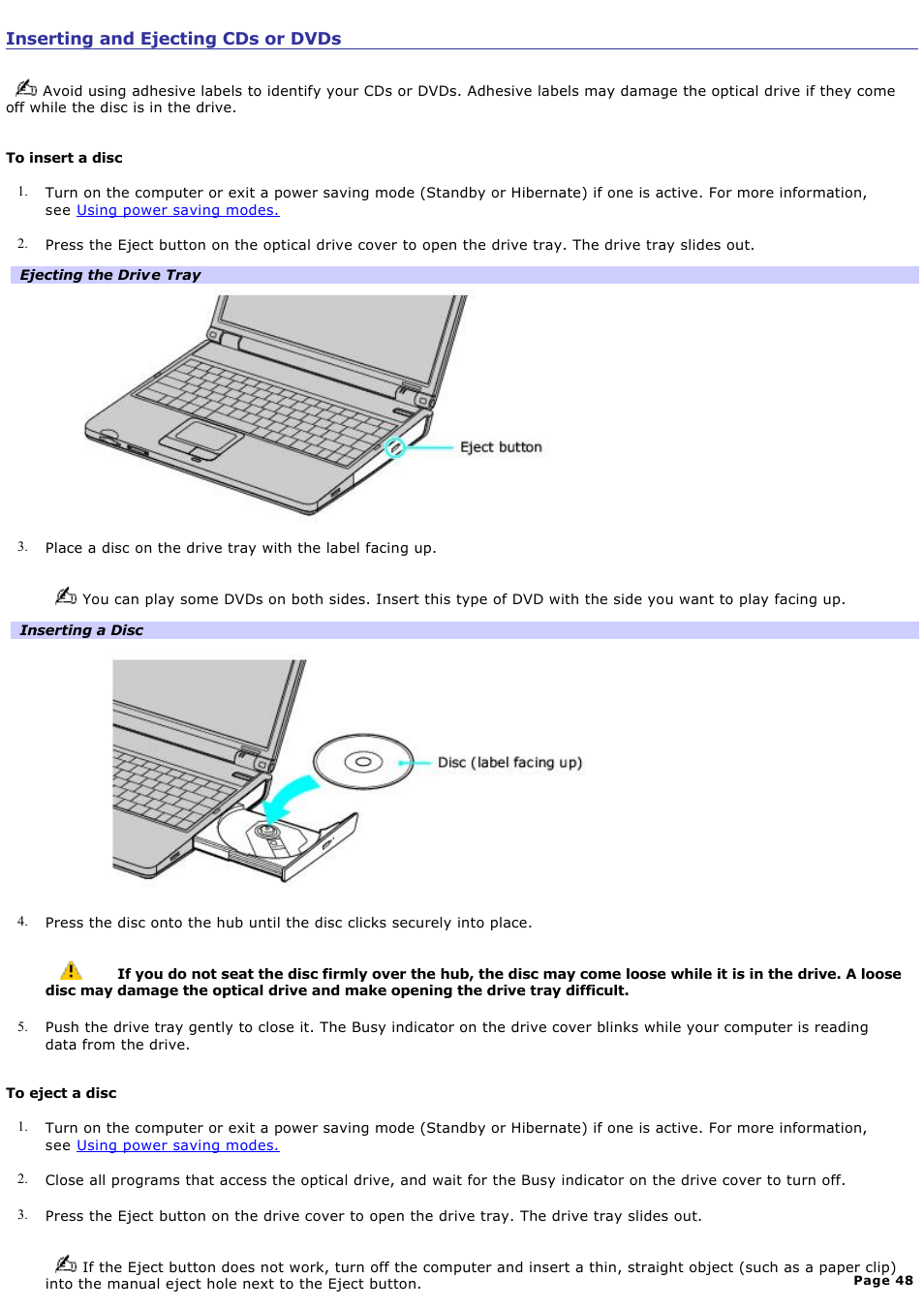 Inserting and ejecting cds or dvds | Sony PCG-K17 User Manual | Page 48 / 145