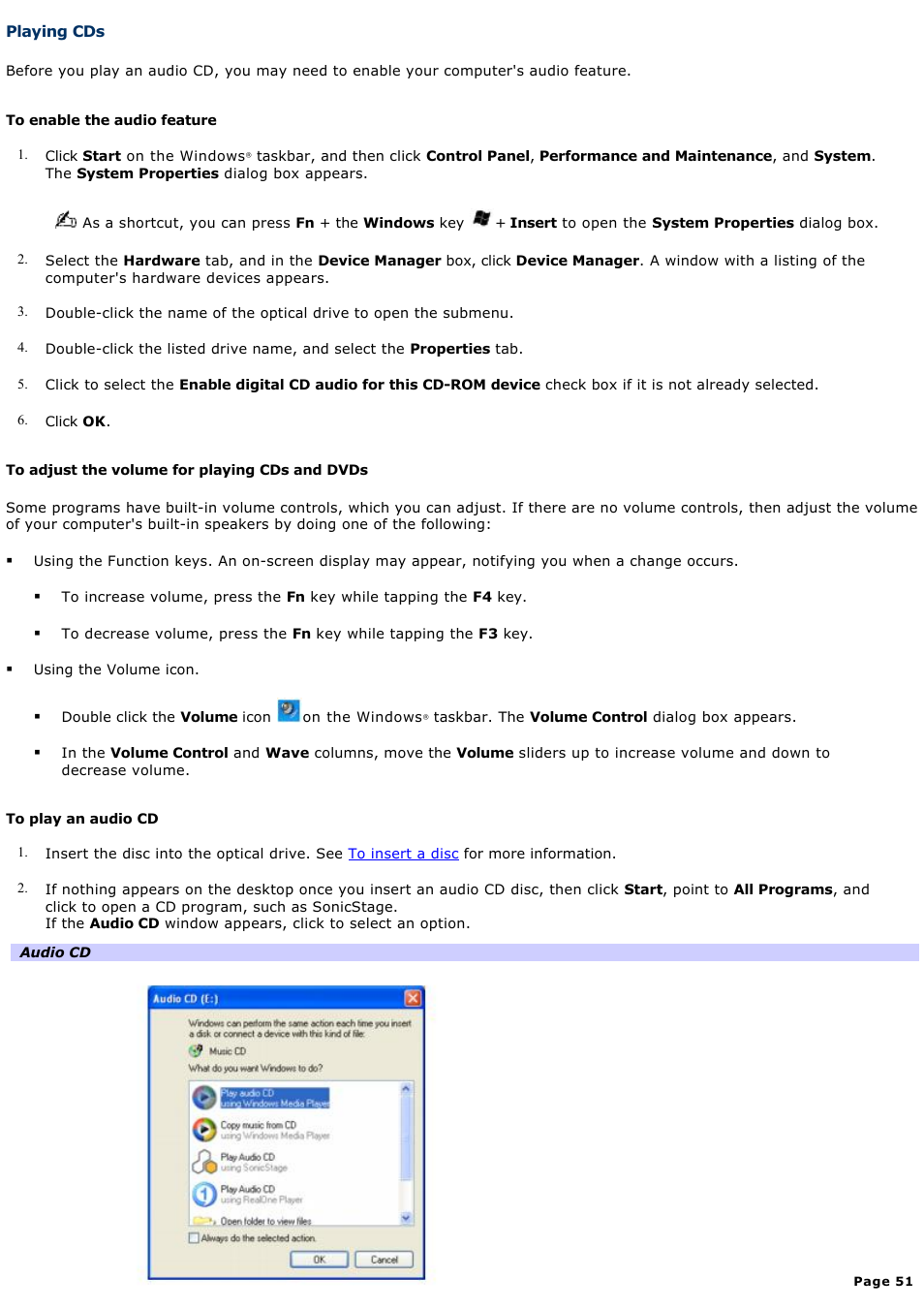 Playing cds | Sony PCG-K17 User Manual | Page 51 / 145