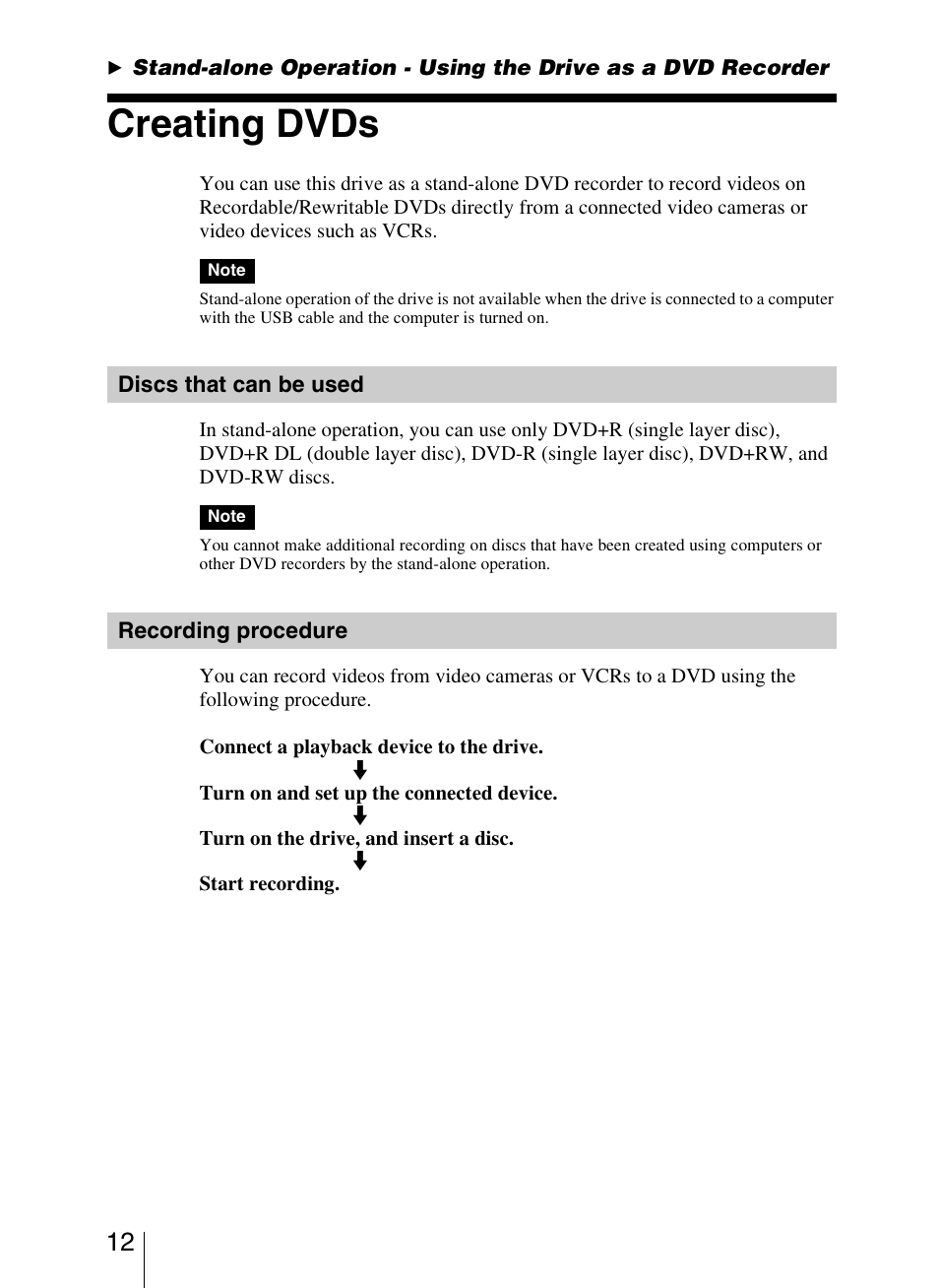 Creating dvds, Discs that can be used, Recording procedure | P. 12) | Sony VRD-VC20 User Manual | Page 12 / 56