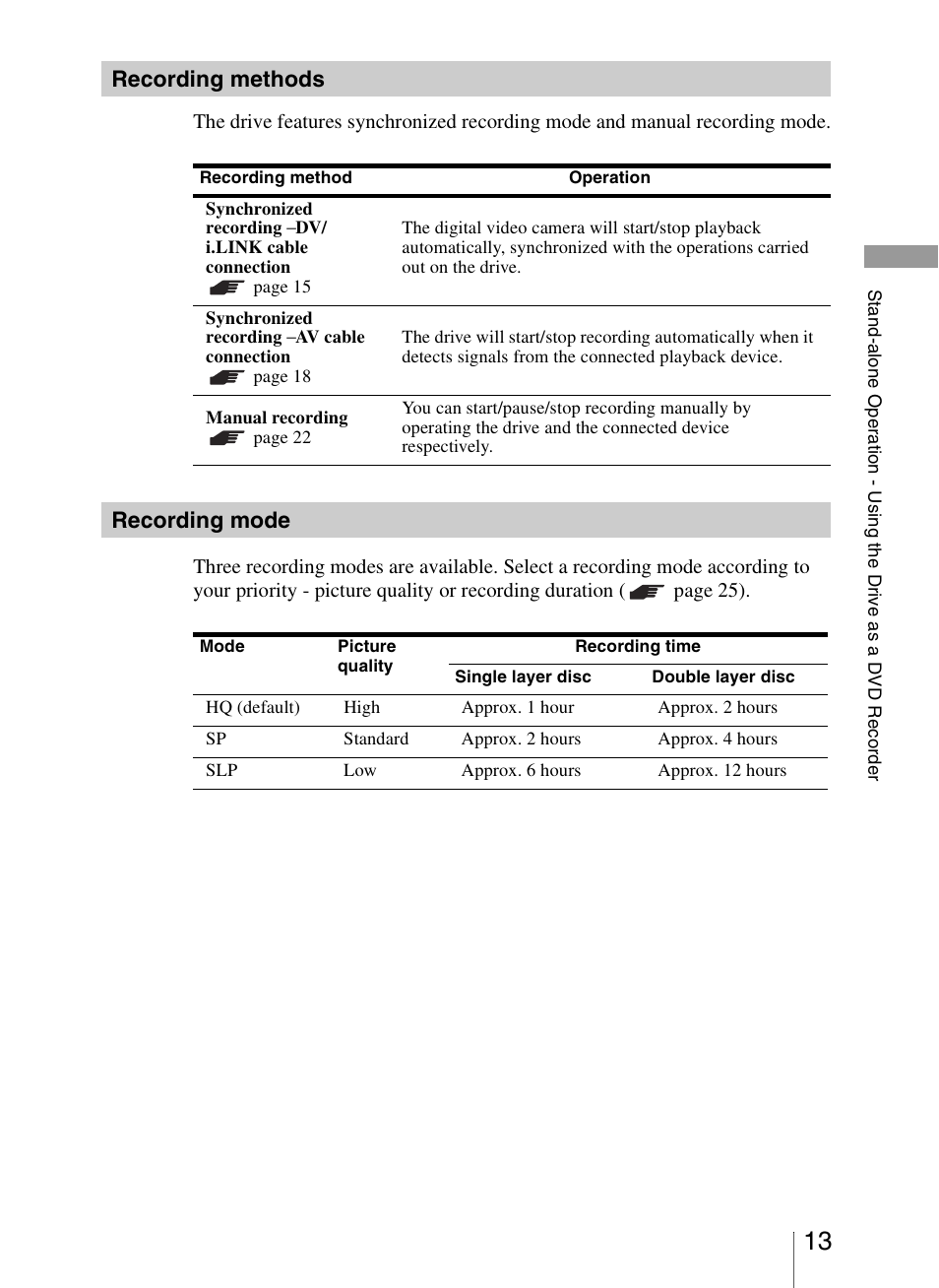 Recording methods, Recording mode | Sony VRD-VC20 User Manual | Page 13 / 56