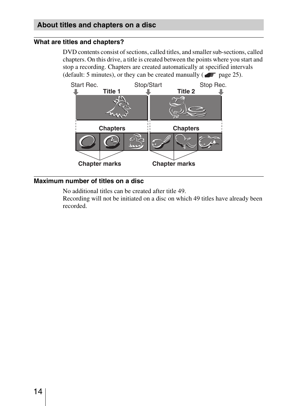 About titles and chapters on a disc | Sony VRD-VC20 User Manual | Page 14 / 56