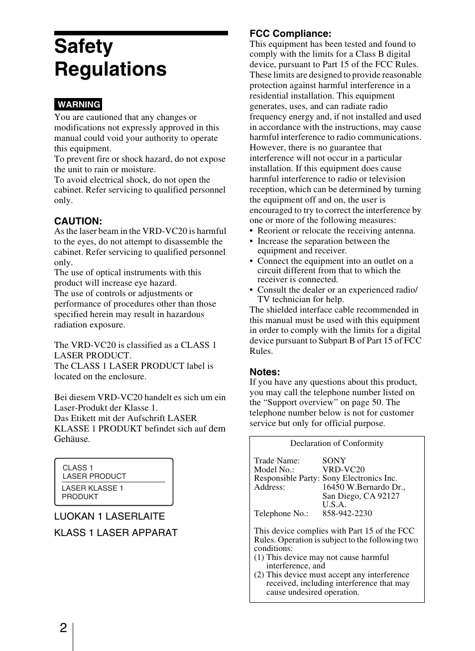 Safety regulations | Sony VRD-VC20 User Manual | Page 2 / 56