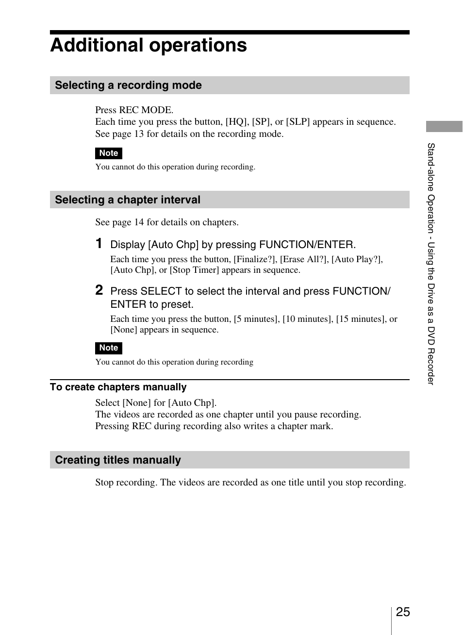 Additional operations, Selecting a recording mode, Selecting a chapter interval | Creating titles manually, P. 25) | Sony VRD-VC20 User Manual | Page 25 / 56