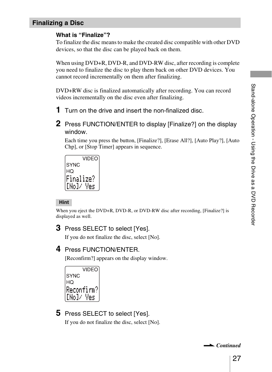 Finalizing a disc | Sony VRD-VC20 User Manual | Page 27 / 56