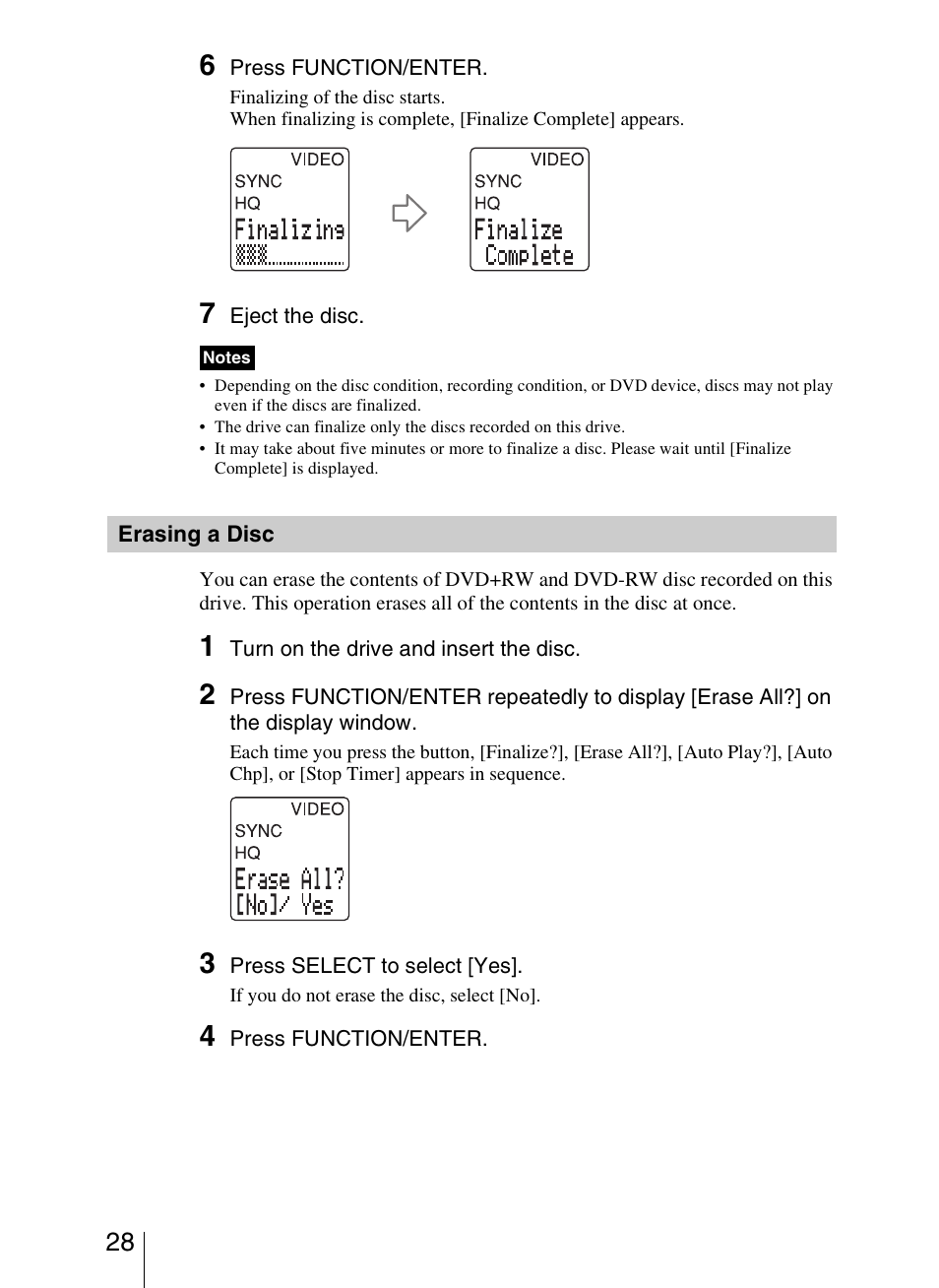 Erasing a disc | Sony VRD-VC20 User Manual | Page 28 / 56